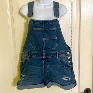 No Boundaries Distressed Denim Overall Shorts